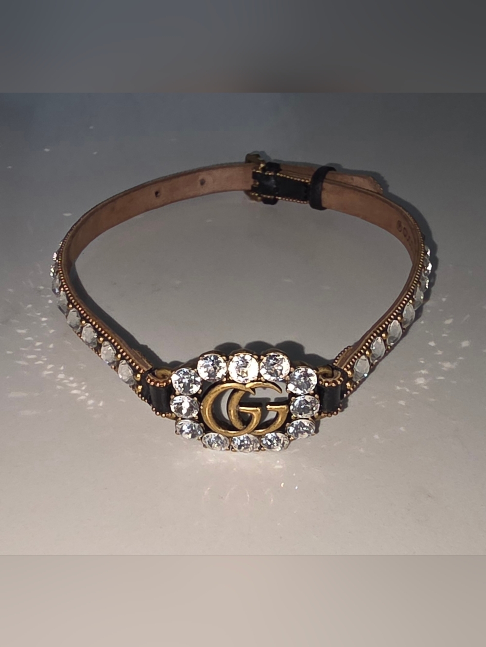 Gucci Black Leather Crystal-Studded Bracelet with Gold Double G - Picture 6 of 8